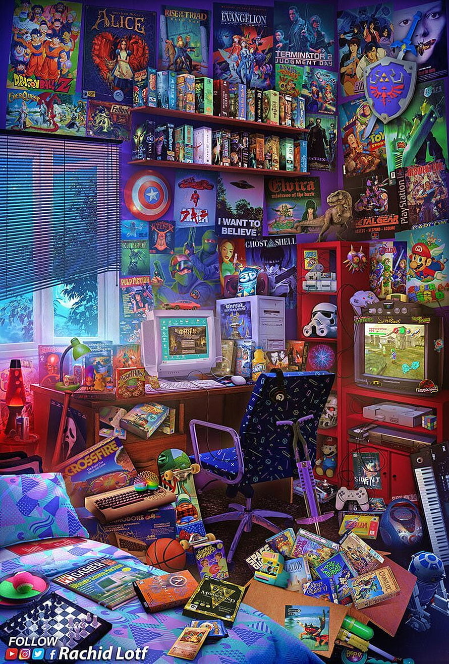 Retro Gaming Room Illustration Featuring Classic Consoles, Posters, and Nostalgic Collectibles HD phone wallpaper