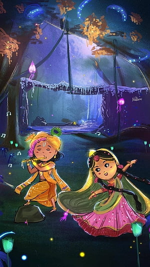 Radha and Krishna dancing and playing flute in magical forest night HD phone wallpaper
