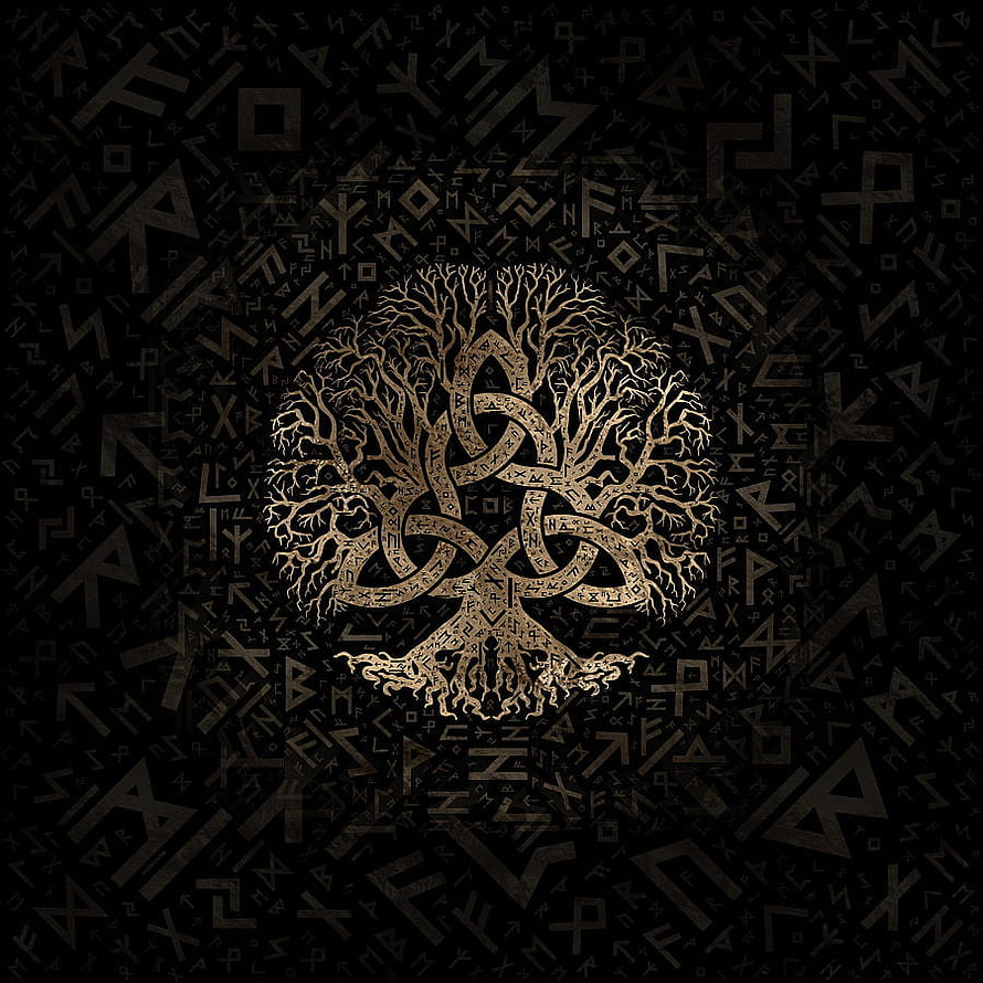 Celtic Tree of Life with Triquetra Knot and Futhark Rune Pattern on Dark Background HD phone wallpaper