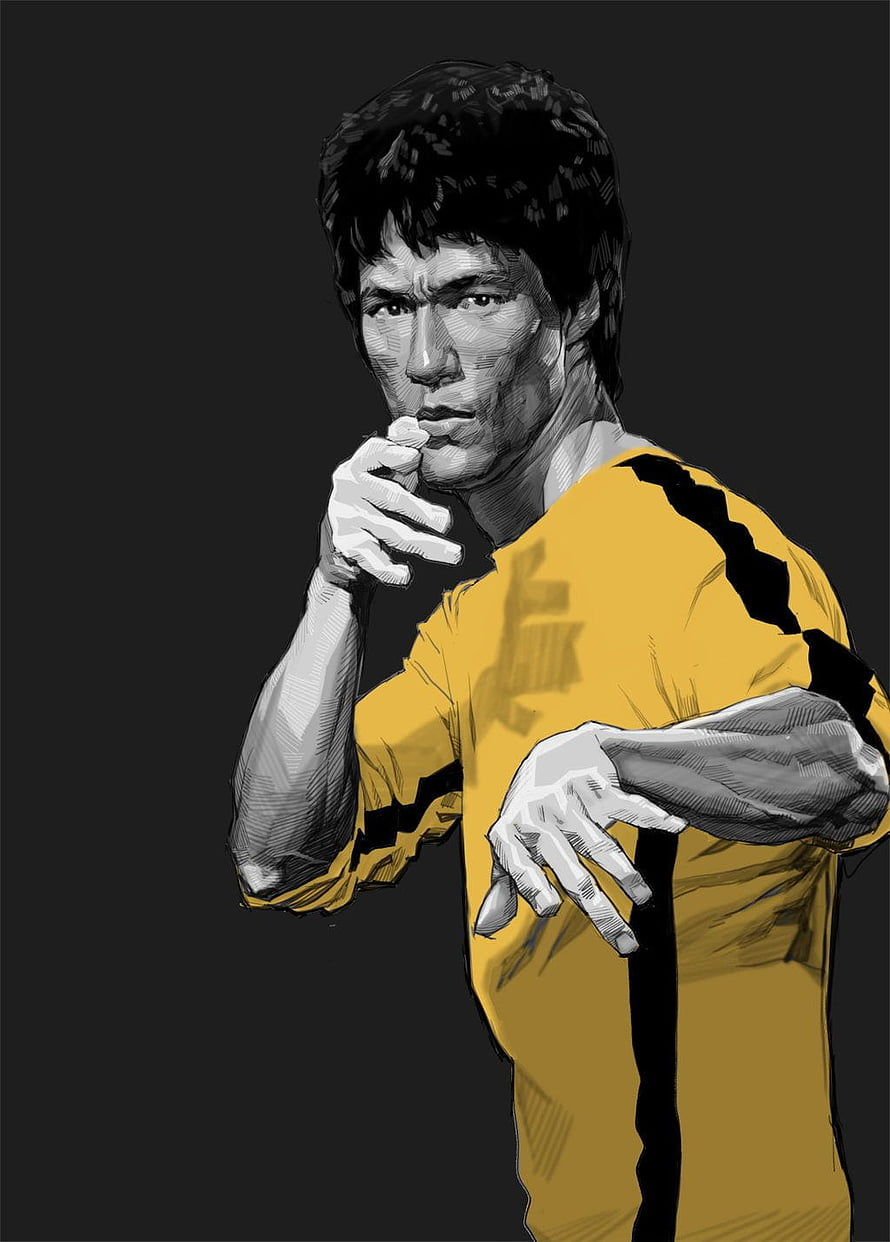 Bruce Lee Digital Illustration in Iconic Yellow Tracksuit with Martial Arts Stance HD phone wallpaper