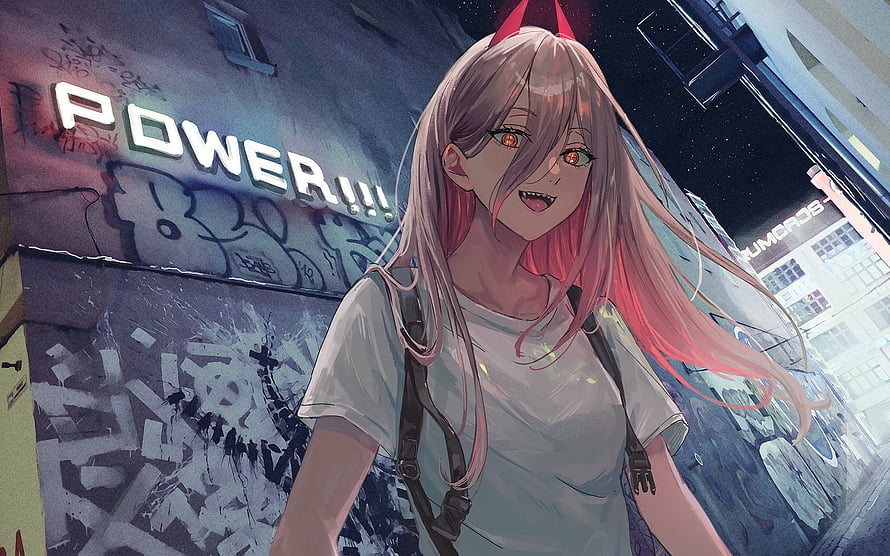 Anime Girl With Pink Hair And Red Horns In Neon City Street HD wallpaper
