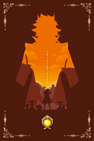 Arataki Itto Genshin Impact Silhouette Artwork with Ornate Border and Sunset Sky HD phone wallpaper