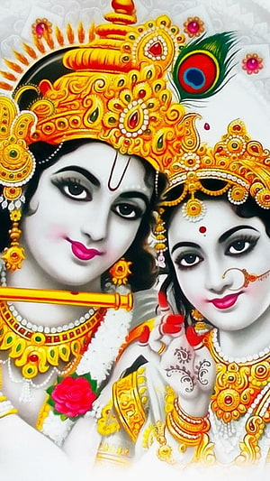 Radha Krishna Divine Portrait With Peacock Feather Crown And Golden Jewelry HD phone wallpaper