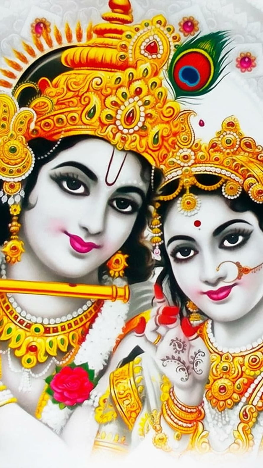 Radha Krishna Divine Portrait With Peacock Feather Crown And Golden Jewelry HD phone wallpaper