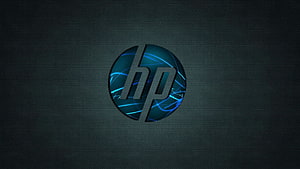 HP Logo on Dark Blue Perforated Metal Background with Neon Light Effects HD wallpaper