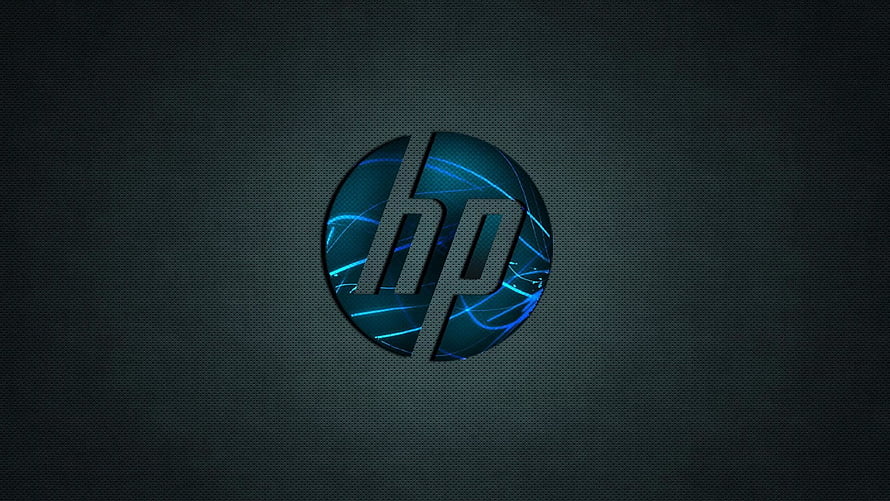 HP Logo on Dark Blue Perforated Metal Background with Neon Light Effects HD wallpaper