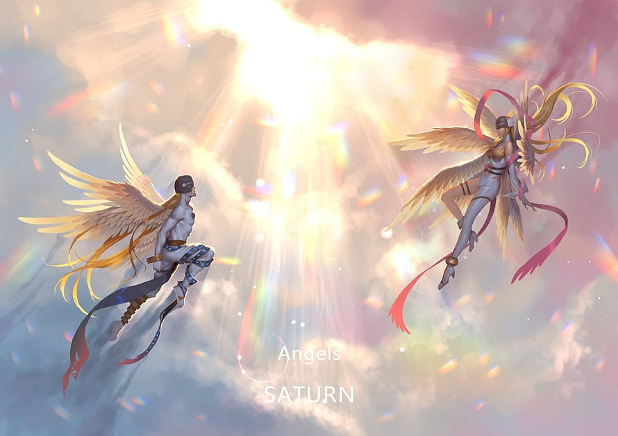 Angewomon and Angemon Flying Through Radiant Clouds in Ethereal Digital Art HD wallpaper