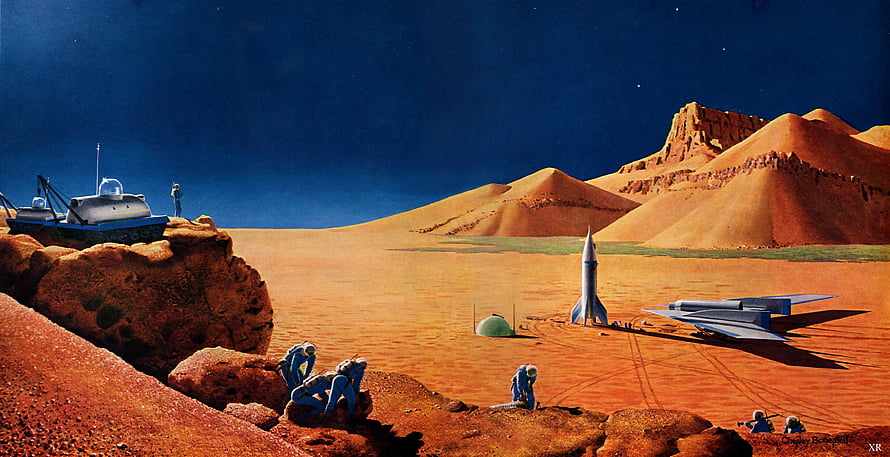 Retro Sci-Fi Mars Colony Concept Art with Rocket, Rover, and Astronauts on Red Desert HD wallpaper