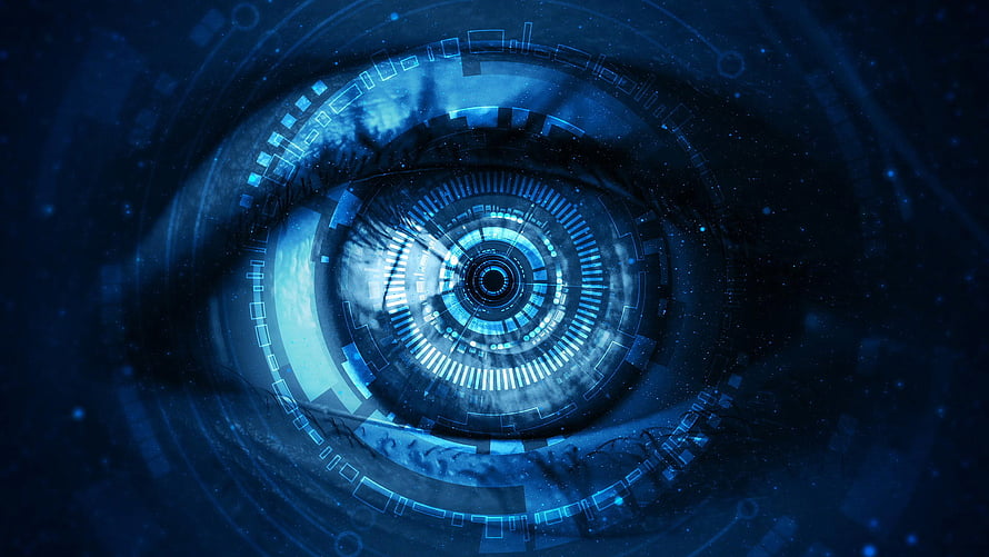 Futuristic Digital Eye Interface with Glowing Blue Circuitry and Data Streams HD wallpaper