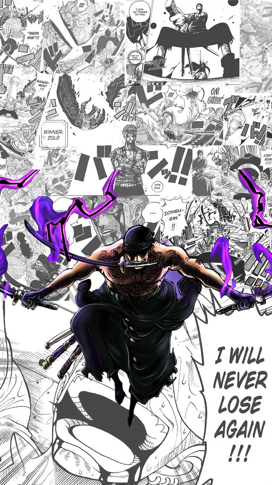 Zoro Wielding Three Swords With Purple Aura Against Manga Panel Background, Zoro Journey, art, white, fights, swordsman, onepiece, rightwing HD phone wallpaper