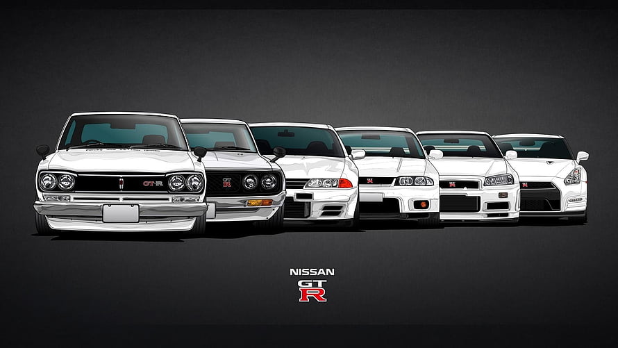 Nissan GT-R Generations Lineup: Hakosuka, Kenmeri, R32, R33, R34, and R35 White Cars HD wallpaper