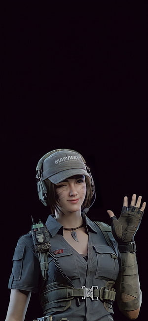Maewwat female soldier character winking and waving in tactical gear HD phone wallpaper
