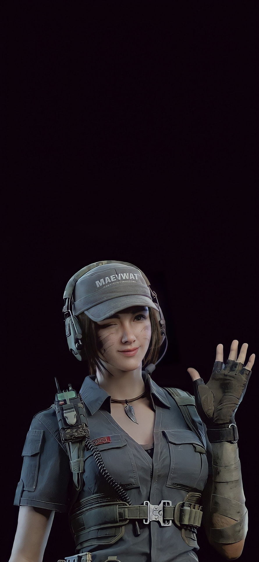 Maewwat female soldier character winking and waving in tactical gear HD phone wallpaper