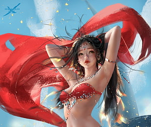 Wlop Fantasy Dancer Artwork With Flowing Red Ribbons And Jeweled Adornments HD wallpaper