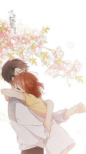 Romantic Anime Couple Embracing Under Blossoming Cherry Blossom Branches HD phone wallpaper