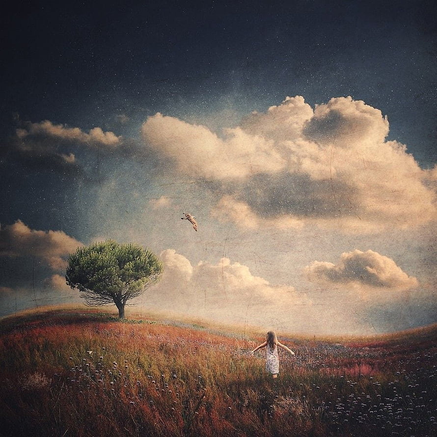 Albulena Panduri Secret Place: A Dreamy Landscape with a Lone Figure in a Golden Meadow HD phone wallpaper
