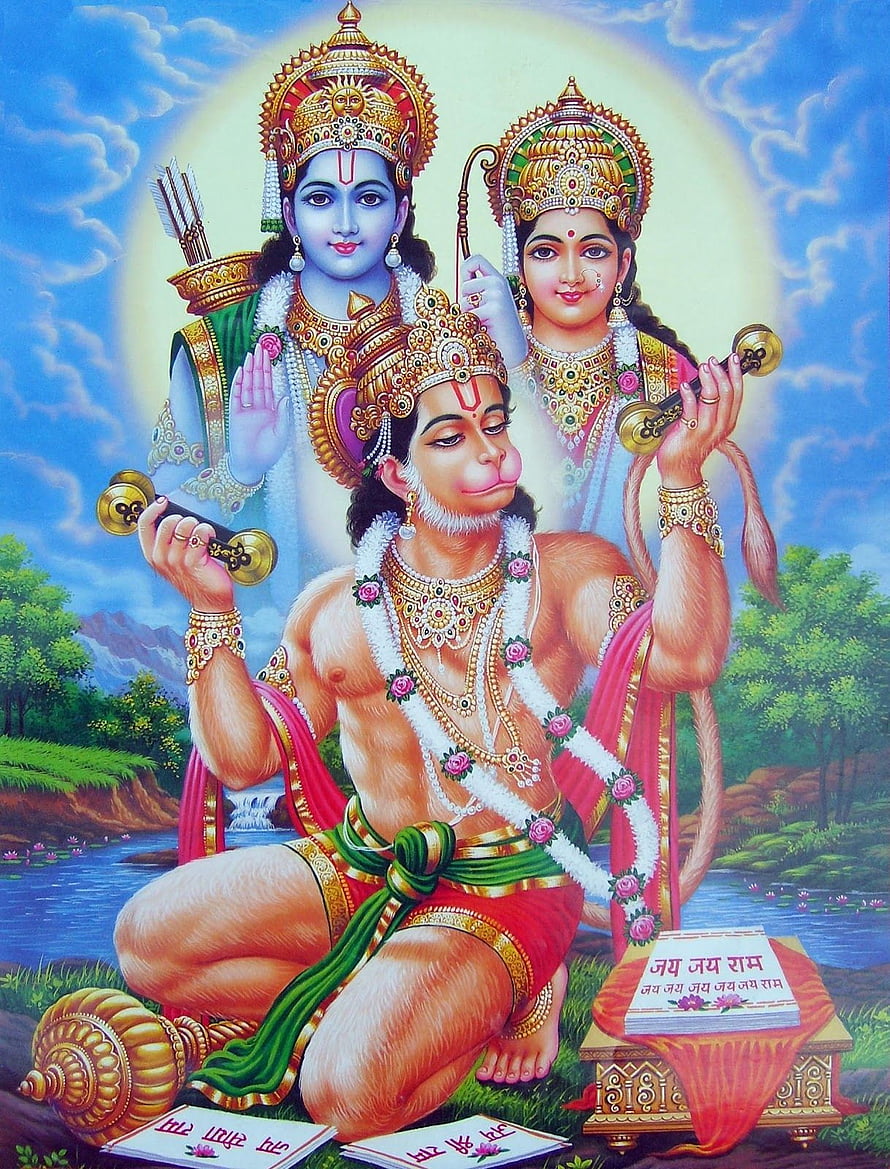 Hanuman Chalisa Devotional Art with Lord Rama and Sita, Ram Sita Hanuman , Ramudu HD phone wallpaper