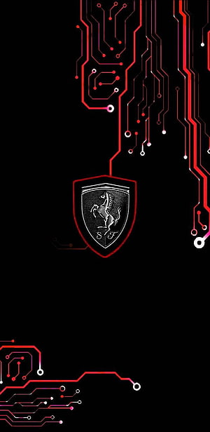 Ferrari Prancing Horse Emblem with Red Circuit Board Traces on Black Background HD phone wallpaper