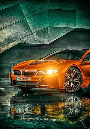 Orange BMW i8 Sports Car Parked in Modern Concrete Garage with Wet Floor Reflection HD phone wallpaper