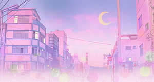Dreamy Anime City Street at Twilight with Crescent Moon and Pastel Pink Sky HD wallpaper
