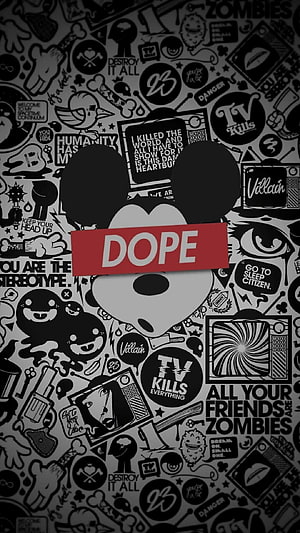 Mickey Mouse Silhouette with Dope Banner on Grunge Street Art Background HD phone wallpaper