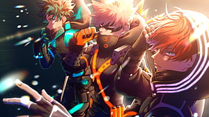 My Hero Academia: Izuku, Katsuki, and Shoto in Dynamic Action Pose HD wallpaper