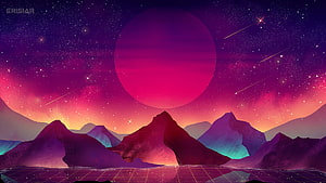 Vaporwave alien landscape with giant pink moon, retro grid floor, and starry sky over purple mountains HD wallpaper