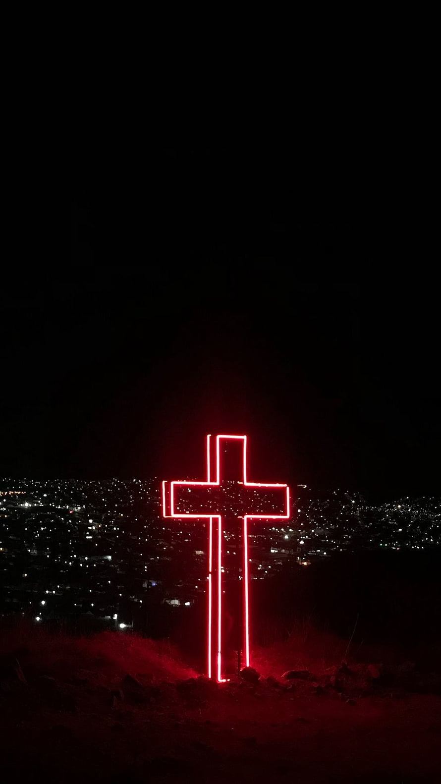 Glowing Red Neon Cross Overlooking City Lights at Night HD phone wallpaper