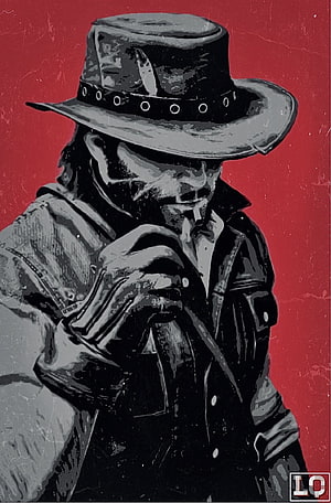 John Marston in Cowboy Hat and Leather Coat, Red Dead Redemption Stylized Portrait HD phone wallpaper