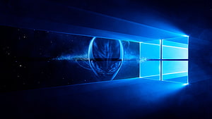 Alienware Windows 10 Desktop Background with Glowing Blue Logo and Alien Head HD wallpaper