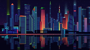 Neon Vector Cityscape at Night with Water Reflection and Colorful Skyscrapers HD wallpaper