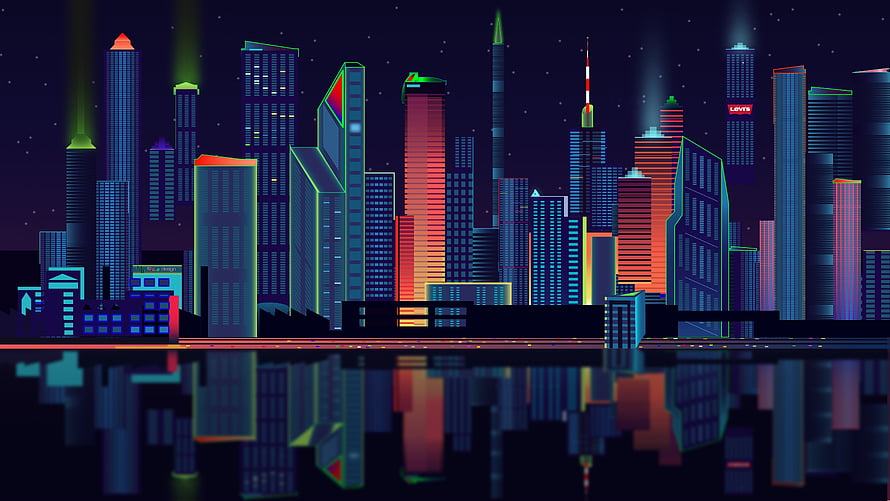 Neon Vector Cityscape at Night with Water Reflection and Colorful Skyscrapers HD wallpaper