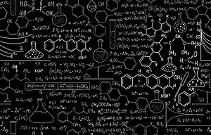Hand-drawn chemistry equations and molecular structures on a black chalkboard background HD wallpaper