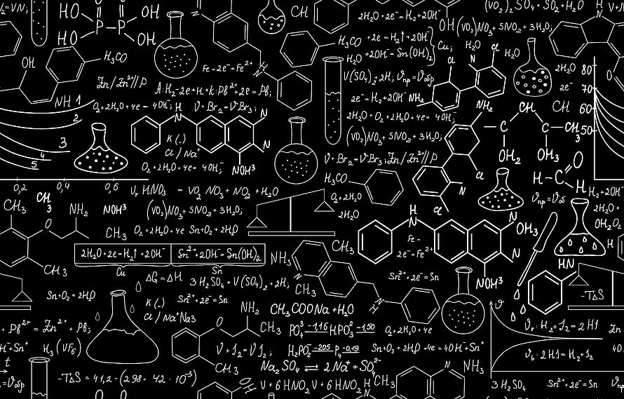 Hand-drawn chemistry equations and molecular structures on a black chalkboard background HD wallpaper