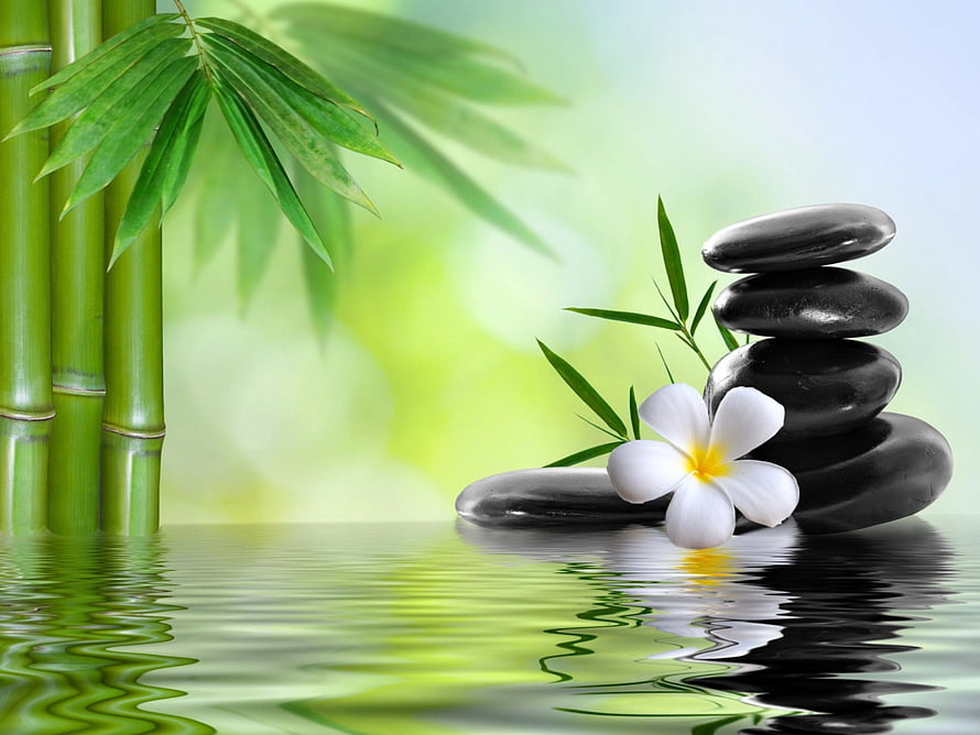Serene Spa Still Life with Stacked Stones, Frangipani Flower, and Bamboo Reflections HD wallpaper