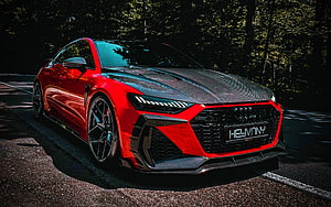Red Keyvany Audi RS7 Sportback with Carbon Fiber Hood on Forest Road HD wallpaper