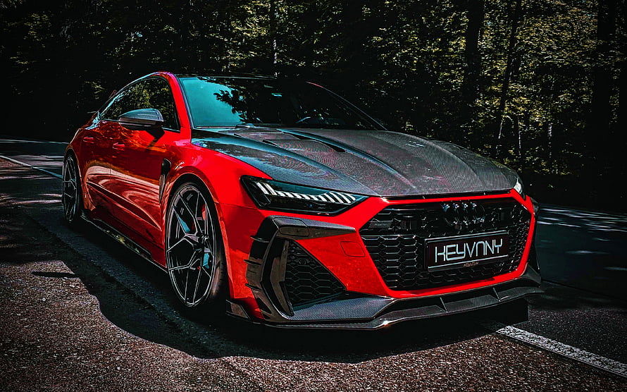 Red Keyvany Audi RS7 Sportback with Carbon Fiber Hood on Forest Road HD wallpaper