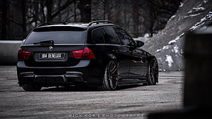 Black BMW E91 335i Touring Wagon Rear Three-Quarter View in Winter Setting HD wallpaper
