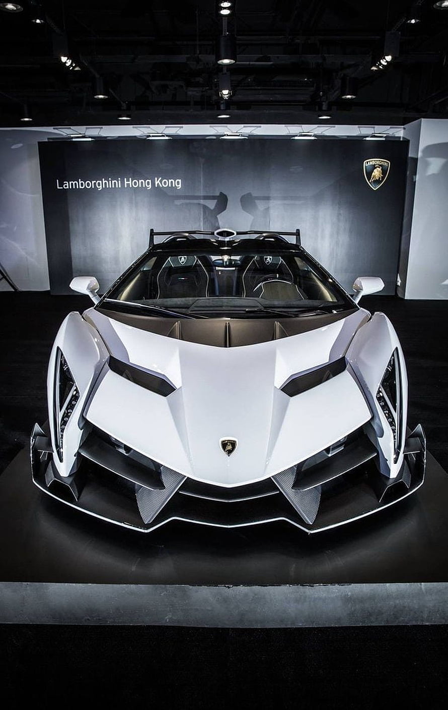 White Lamborghini Veneno Roadster Front View at Auto Show Display HD phone wallpaper