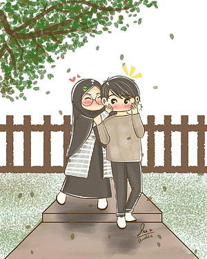 Cute cartoon couple whispering under a tree with falling leaves HD phone wallpaper