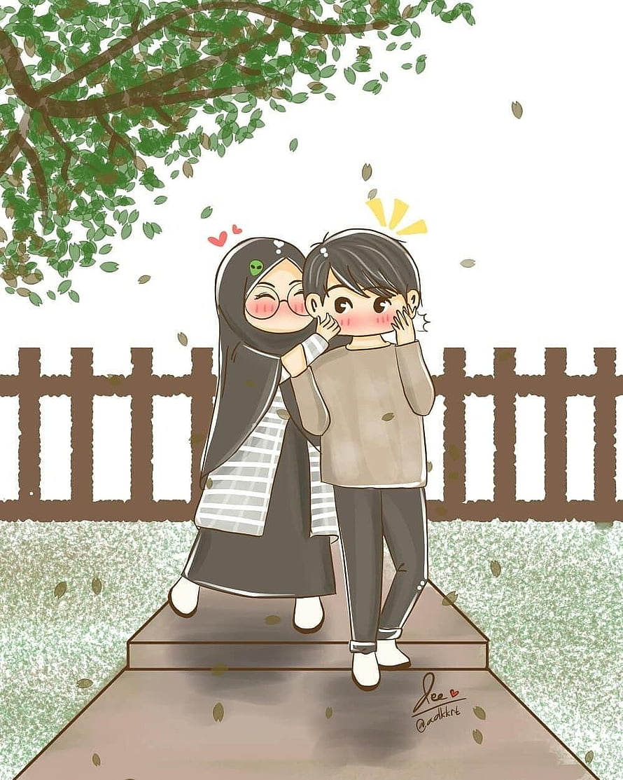 Cute cartoon couple whispering under a tree with falling leaves HD phone wallpaper