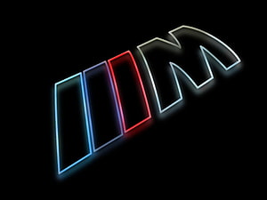 Glowing BMW M Performance Emblem with Neon Stripes on Black Background HD wallpaper