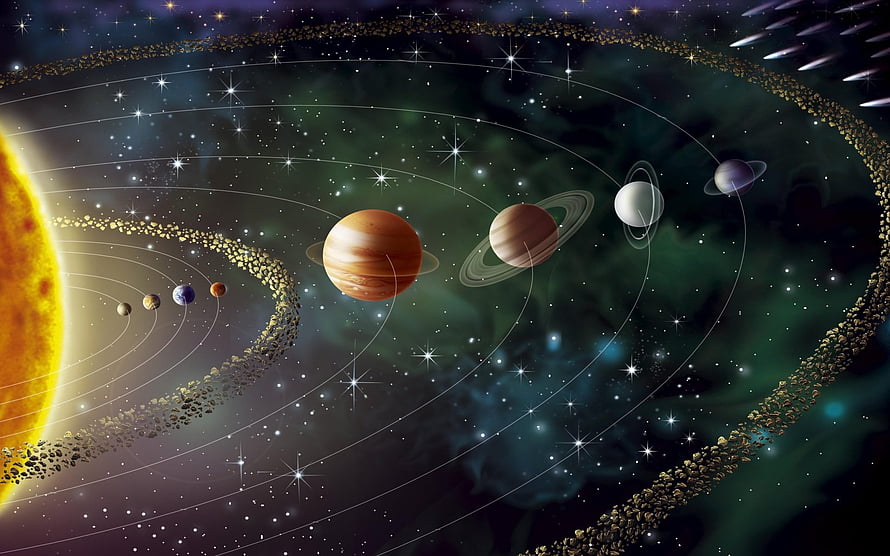 Illustration of the Solar System Featuring the Sun, Planets, Asteroid Belt, and Kuiper Belt in Deep Space HD wallpaper