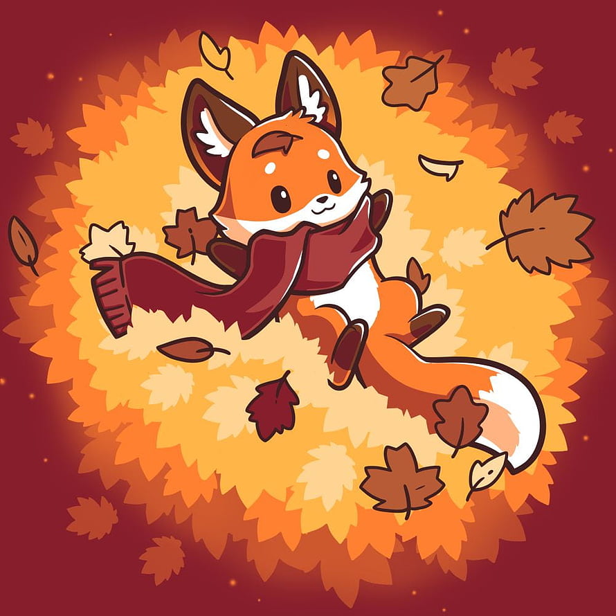 Cute Cartoon Fox Wearing a Scarf in a Swirl of Autumn Leaves HD phone wallpaper