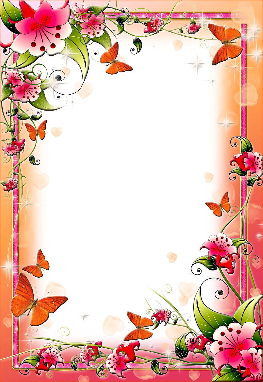 Pink Floral Border With Orange Butterflies And Sparkles HD phone wallpaper