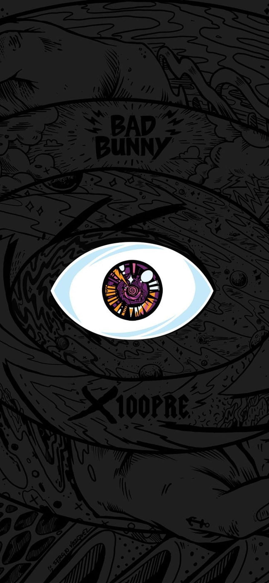 Bad Bunny x 100PRE Stylized Eye Illustration with Cosmic Iris and Dark Ink Artwork HD phone wallpaper
