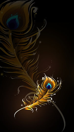 Golden Peacock Feather Digital Art with Electric Blue Eye on Dark Background HD phone wallpaper