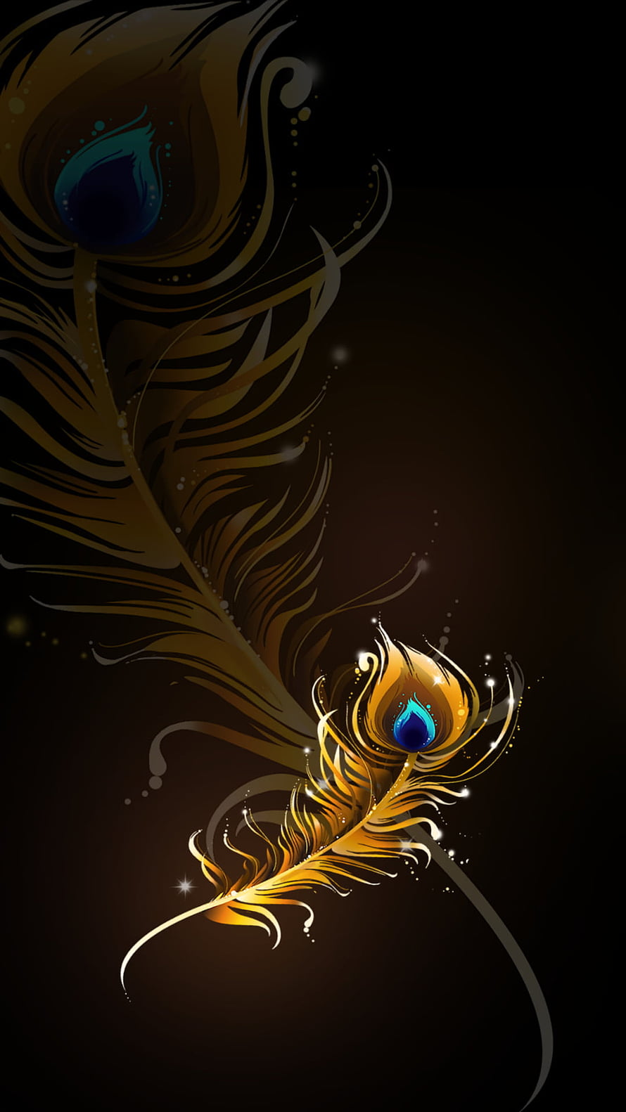 Golden Peacock Feather Digital Art with Electric Blue Eye on Dark Background HD phone wallpaper