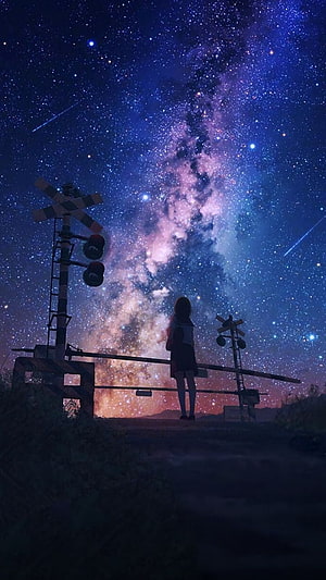 Anime Girl Silhouette at Railway Crossing Under the Milky Way Galaxy HD phone wallpaper