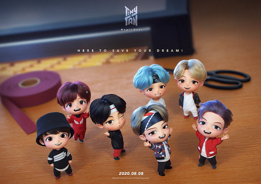 BTS Tiny Tan Magic Door Chibi Figures on Wooden Desk HD wallpaper